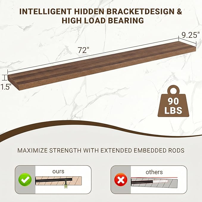 Acovy 72 Inch Floating Shelves, 3D Textured Wood Grain, Wooden Shelves
