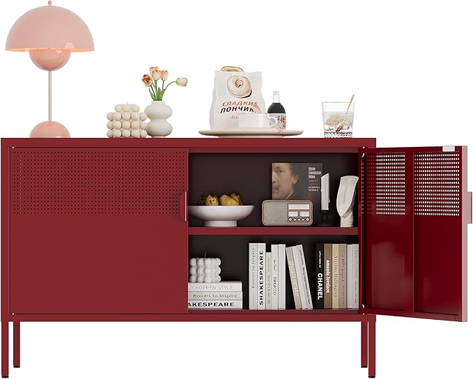 Metal Storage Cabinet, 2 Door TV Stand, Metal Mesh Accent Cabinet, Magnetic