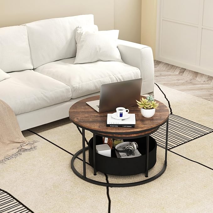 Tangkula Round Nesting Coffee Table Set of 2, Wooden Center End Table