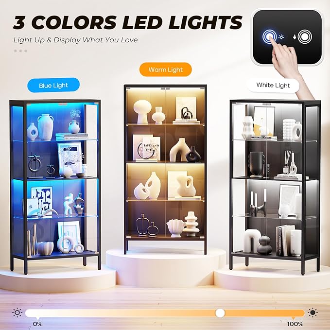 Display Cabinet with Glass Doors, 4-Tier Curio Cabinet with 3 Color Lights