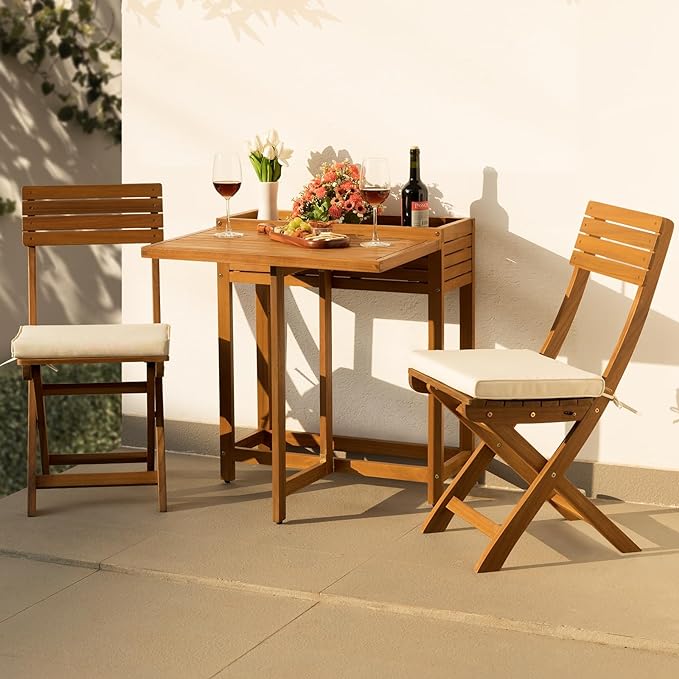 IDZO Natural 3-Piece Bistro Set: Foldable 400lbs Chairs, 220lbs Shelf Table