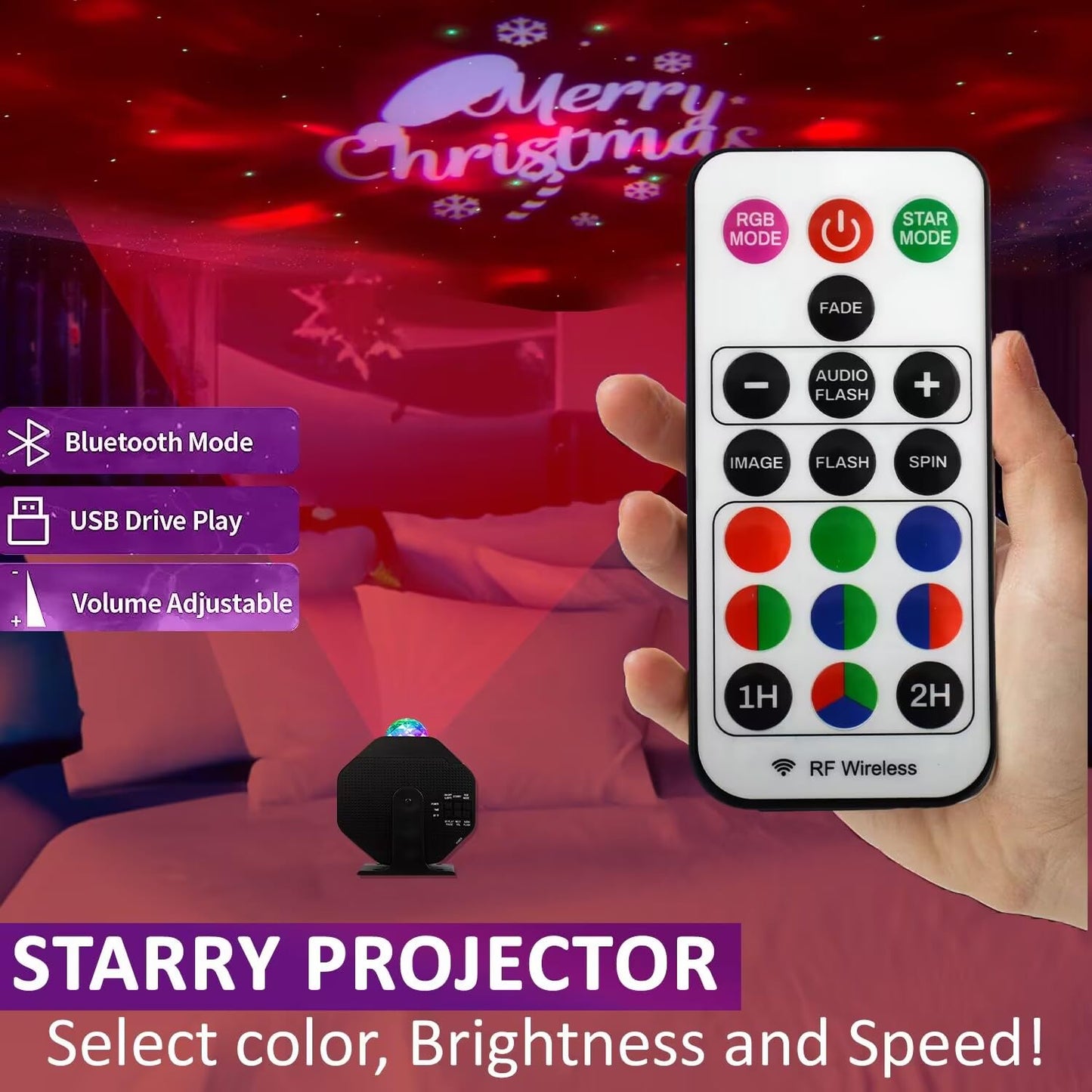 FARSAIL Galaxy Star Projector Night Light with Bluetooth Speaker and Voice Control for Bedroom, 5 Customized Patterns for Different Festivals - Moon, Birthday, Christmas, Halloween, Valentine's Day
