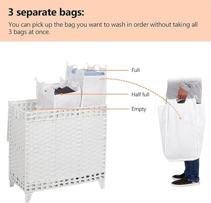 Laundry Hamper with 3 Removable Liner Bags; 132L Handwoven Rattan Laundry Basket with Lid & Heightened Feet; Clothes Hamper with Side Handles; Laundry Sorter with 3 Separate Sections