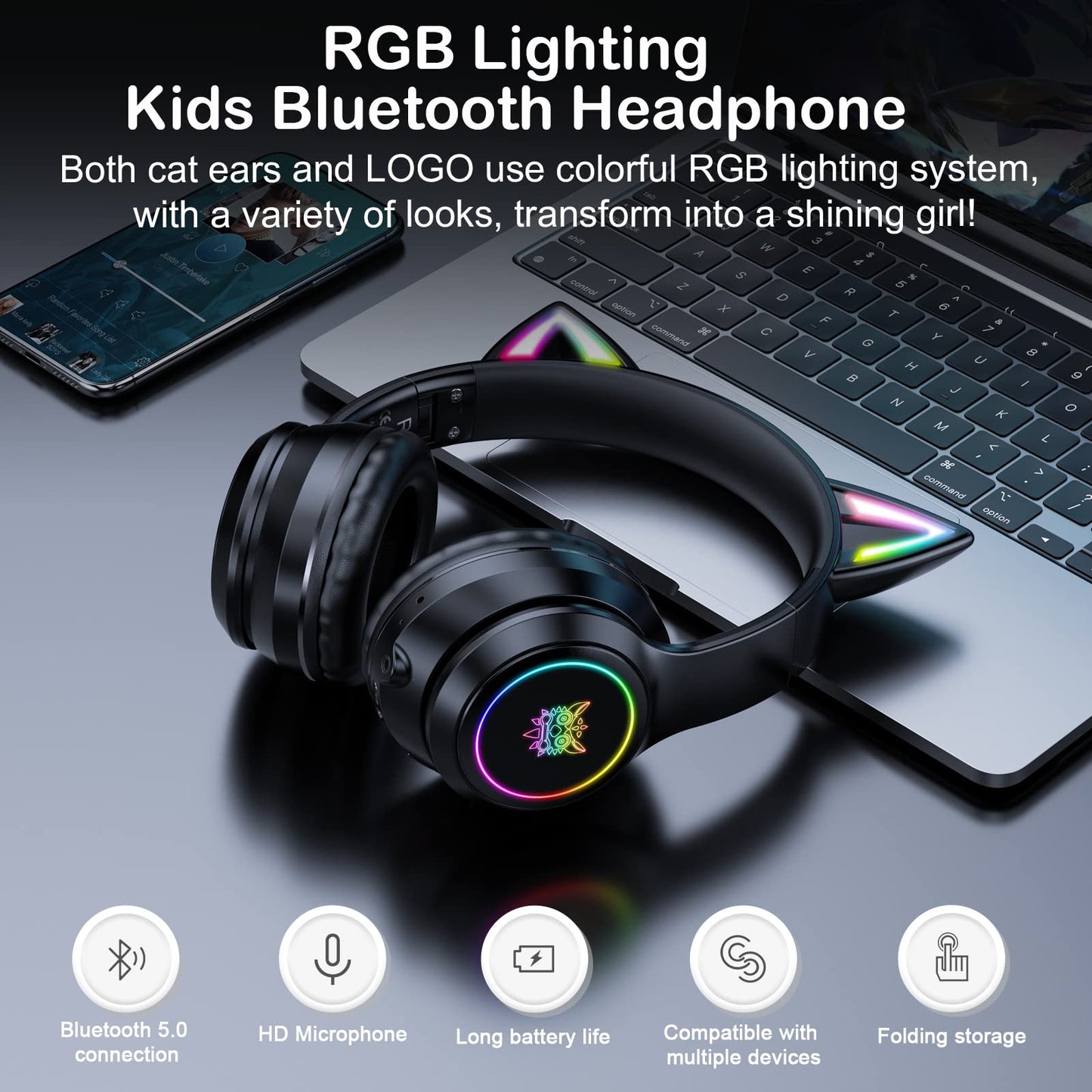 Bluetooth Cat Ear Headphones for Kids & Adults, Wireless & Wired Mode Foldable Headset with Mic - Clear Sound Quality - RGB LED Light, for Girls School Gaming, for Phone/Laptop/PC/Tablet, Black