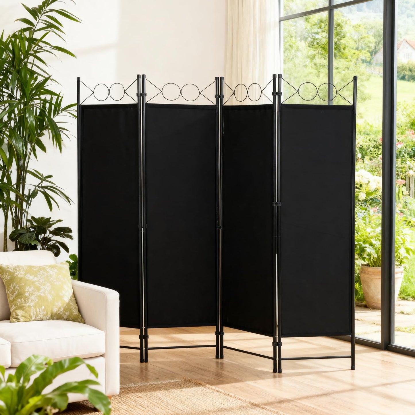 FDW 4 Panel Room Divider, 6FT Folding Privacy Screen Freestanding Partition Wall, Portable Room Separator for Dorm Bedroom Office Studio, Durable Metal Frame & Breathable Fabric, Dark Black