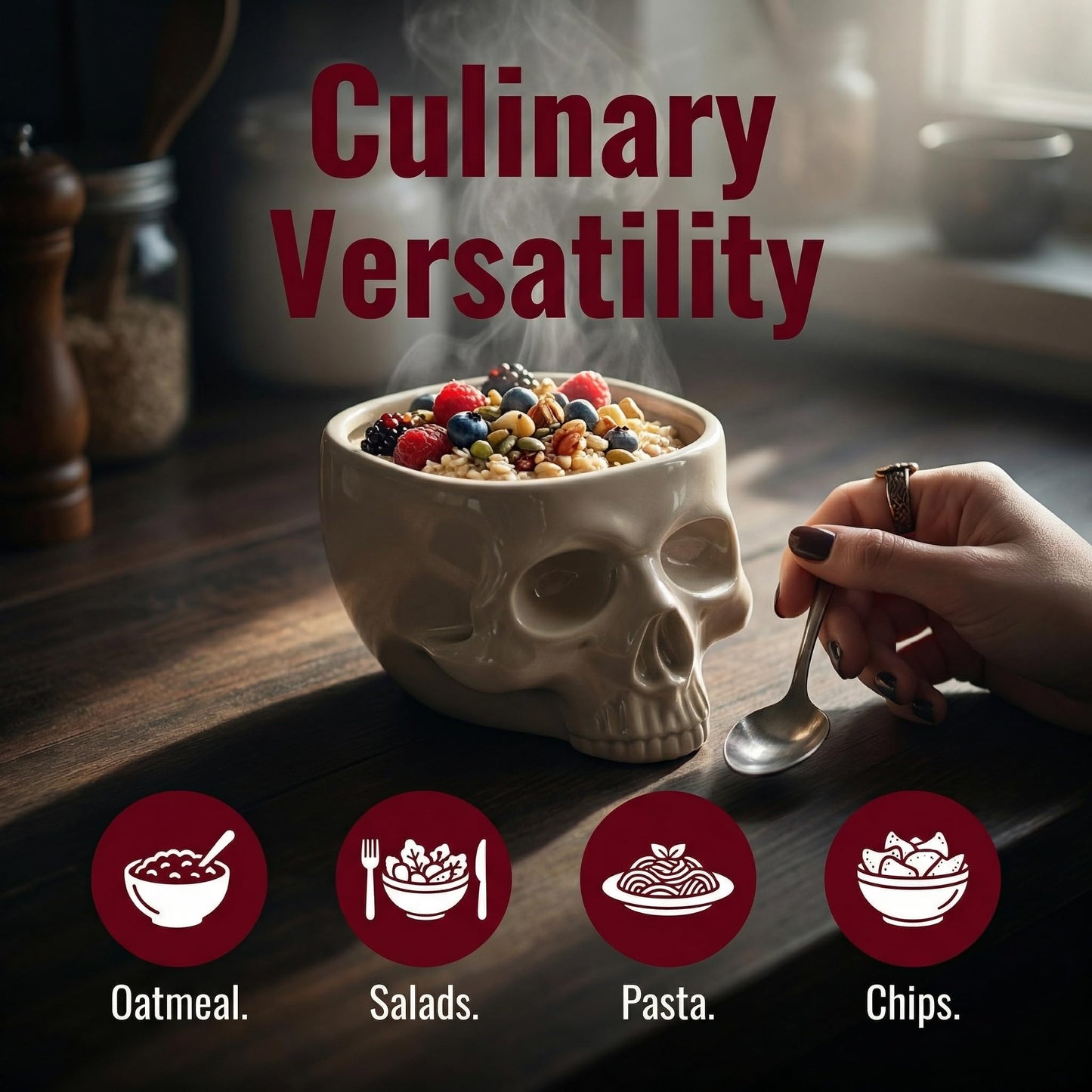 WTVRIT Gothic Skull Bowl – Large 17oz/500ml Ceramic Food-Safe Candy Bowl, Dishwasher & Microwave Safe – Halloween Decor, Unique Gothic Gift, Cereal Ice Cream Serving Bowl for Dark Aesthetic Home