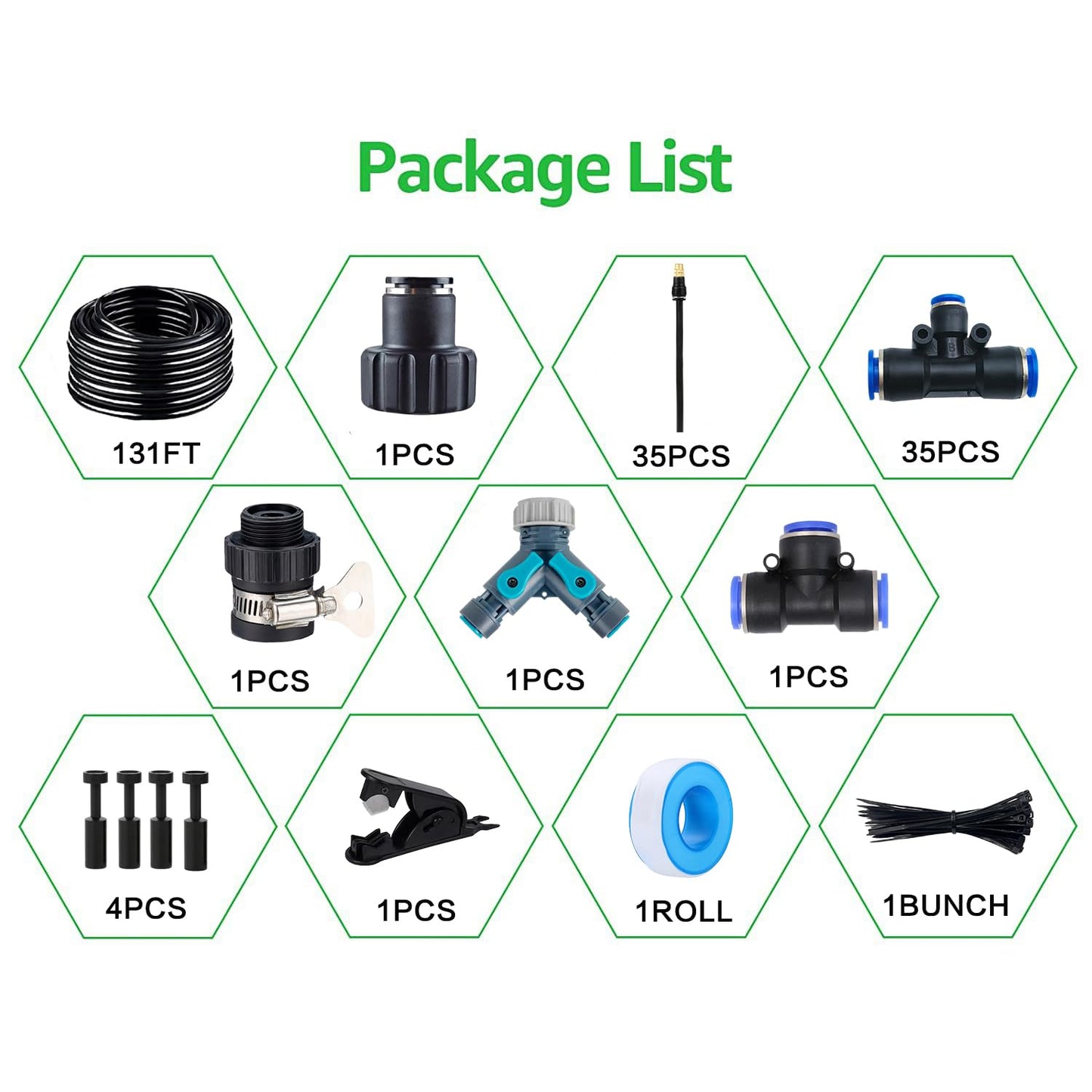131FT Drip Irrigation Kit, Automatic Garden Watering System with Tool-Free Quick Connectors, 360° Bending Drippers & Copper Misting Nozzles for Greenhouse, Patio, Lawn & Vegetable Garden. (40M)