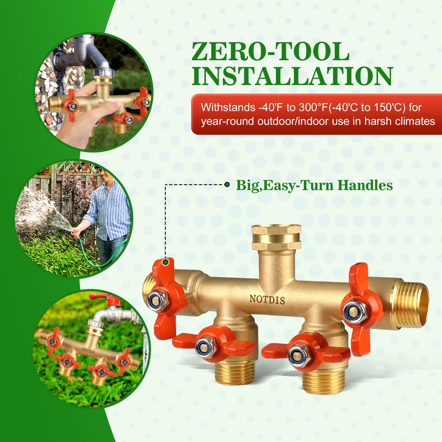 4 Way Brass Hose Splitter Full Flow with Metal Handle - Heavy Duty Spigot Splitter with Shut Off Valve, 3/4" GHT Garden Tap Connector