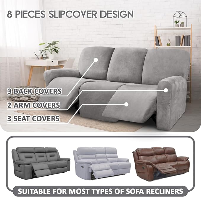 ULTICOR Velvet 8-Pieces Recliner Sofa Covers Stretch Reclining Couch Covers