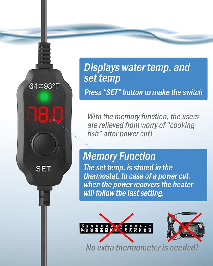 AquaMiracle Aquarium Heater 200W Fish Tank Heater for 20-40 Gal Tanks, LED Digital Display Thermostat Turtle Heater with Out-of-Water Auto Shut-Off, Overheat Protection & Memory Function