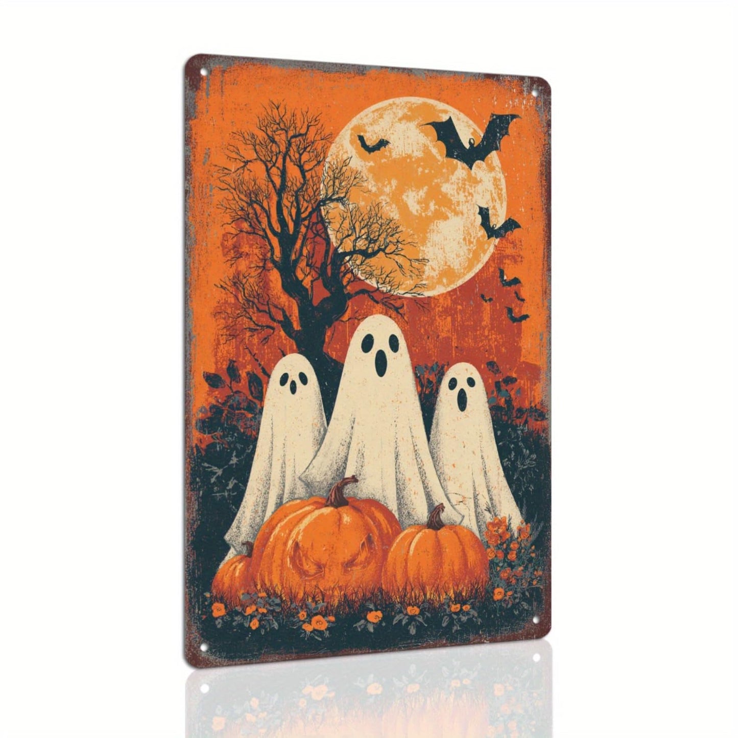 Halloween Three Ghosts Full Moon Pumpkin Spooky Retro Metal Tin Sign Wall Art Decor for Home Farmhouse Front Door Halloween Party Indoor Outdoor 8x12 Inch