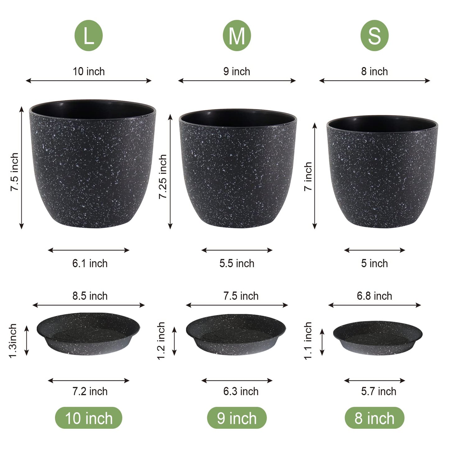 WSMKSZ Plant Pots 10/9/8 inch, Set of 3 Modern Decorative Plastic Planters with Drainage Holes and Saucers for Garden House Plants, Flower Pots for Indoor Outdoor Plants, Speckled Black