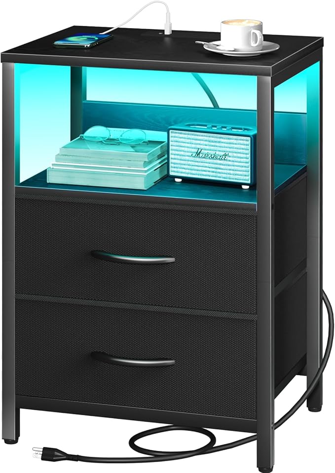 Yoobure Nightstand with Charging Station, LED Night Stand with Fabric Drawers