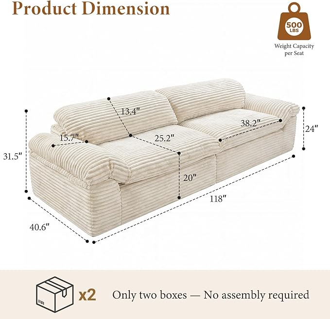 Vesgantti 118" Modular Sectional Couch, Comfy Corduroy Upholstered Cloud Couches