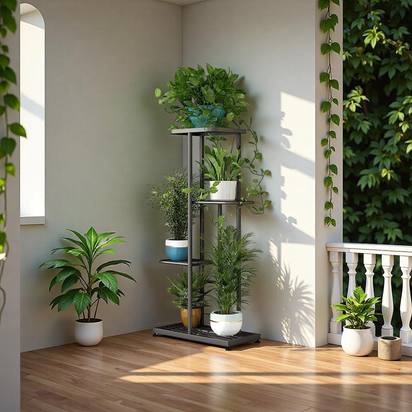 LINZINAR Plant Stand Indoor Outdoor Corner 4 Tier Metal Plant Shelf Patio Plant Rack for Garden Corner Balcony Living Room