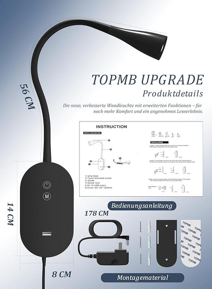 Wall Reading Light for Bed – 4 Color Modes, 5‑Level Dimmable Reading Lamp, CRI 95+ Natural Sunlight, USB Output Charge & Auto Memory Black