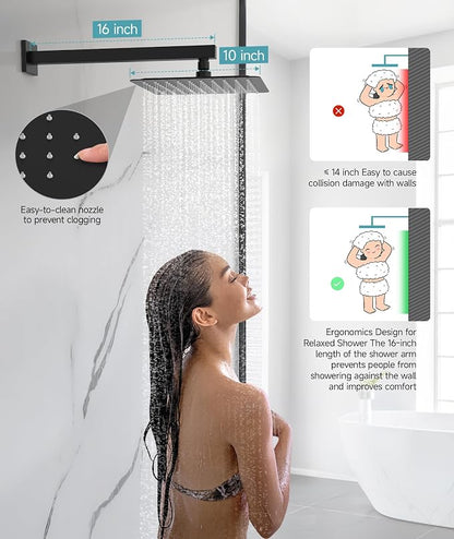 SR SUN RISE Shower Faucet Set & System - 10 Inch Rainfall Shower Head & Handle Set Wall Mounted Matte Black Solid Brass Valve Trim Kit Included