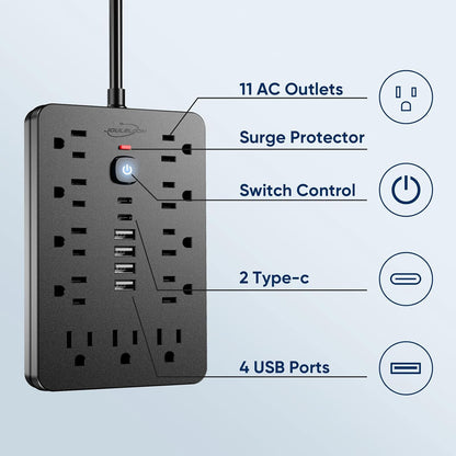 20 FT Flat Plug Surge Protector Power Strip,11 Multiple AC Outlets with 6 USB Ports (2 USB C), 20 Feet Extension Cord, 1250W/10A, One Touch Switch Button, 17 in 1 Compact powerstrip
