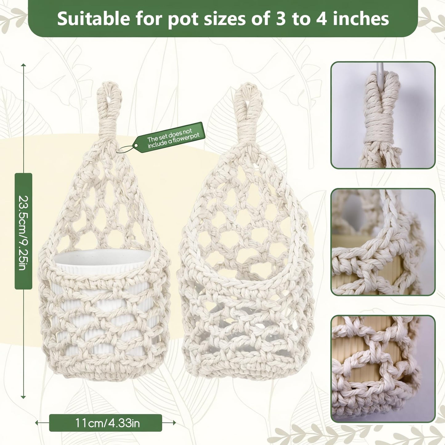 HOREAKHJ Macrame Wall Plant Hanger, Hanging Planter Basket Holder, Wall Planters for Indoor Plants, for Up to 4 Inch Pot (Ivory, 4-Inch)