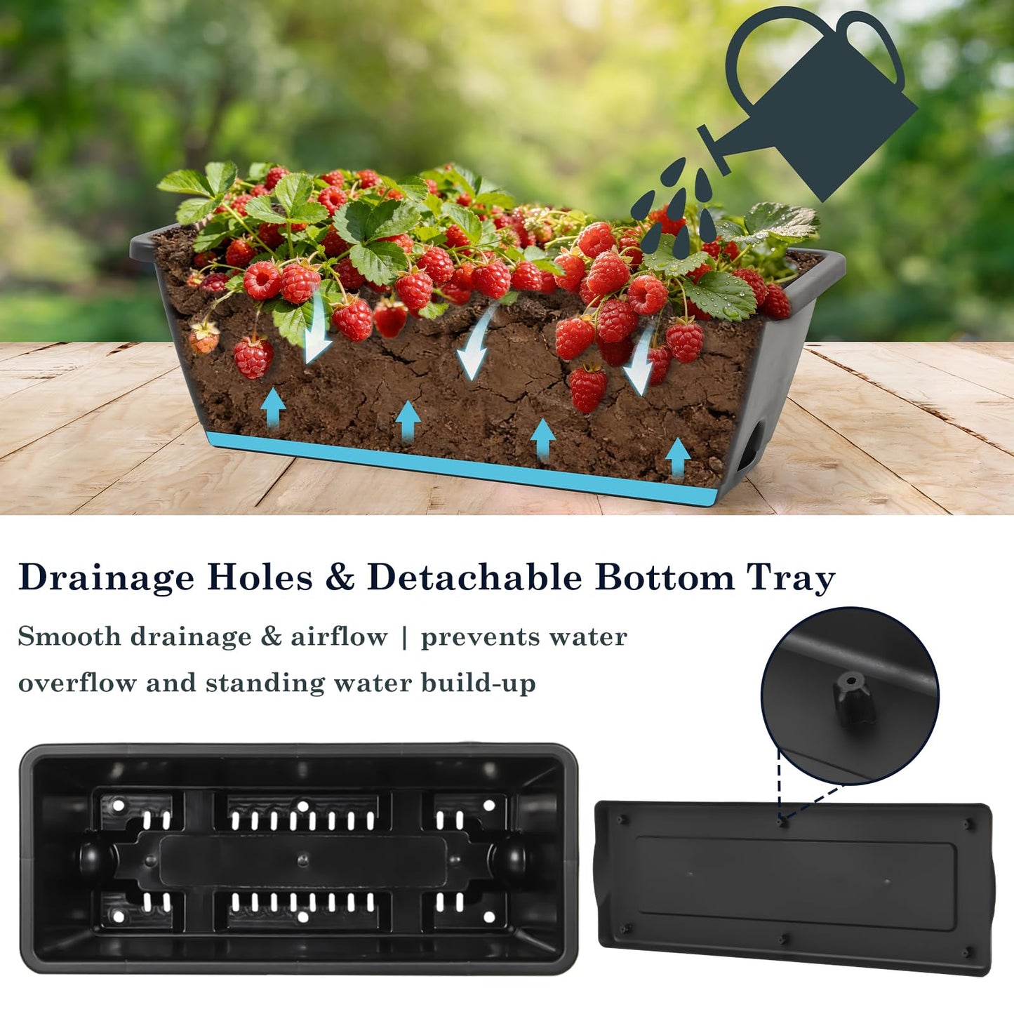 OYEAL Railing Planter Box Black Hanging Window Boxes Planter with Adjustable Brackets, Outdoor Set of 2 Deck Rail Planters with 6 Detachable Plastic Flower Pots for Garden Fence, Patio, Windowsill