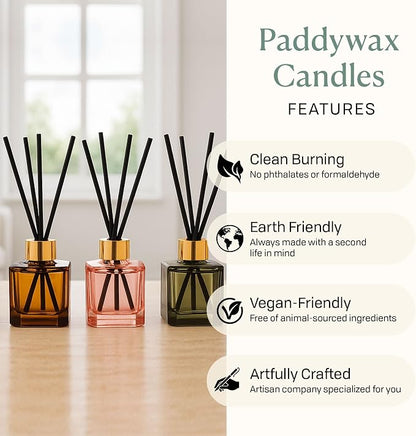Paddywax Botanica Scented Oil Diffuser with Reeds in Reusable Amber Glass Bottle, Tubed Gift Box, Includes Diffuser Sticks, Long-Lasting Fragrance, Reusable & Upcyclable, Leather & Smoke, 2.8 fl oz