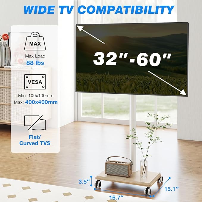 Rfiver Rolling TV Stand for 32 to 55 60 Inch TVs up to 88lbs, Height Adjustable