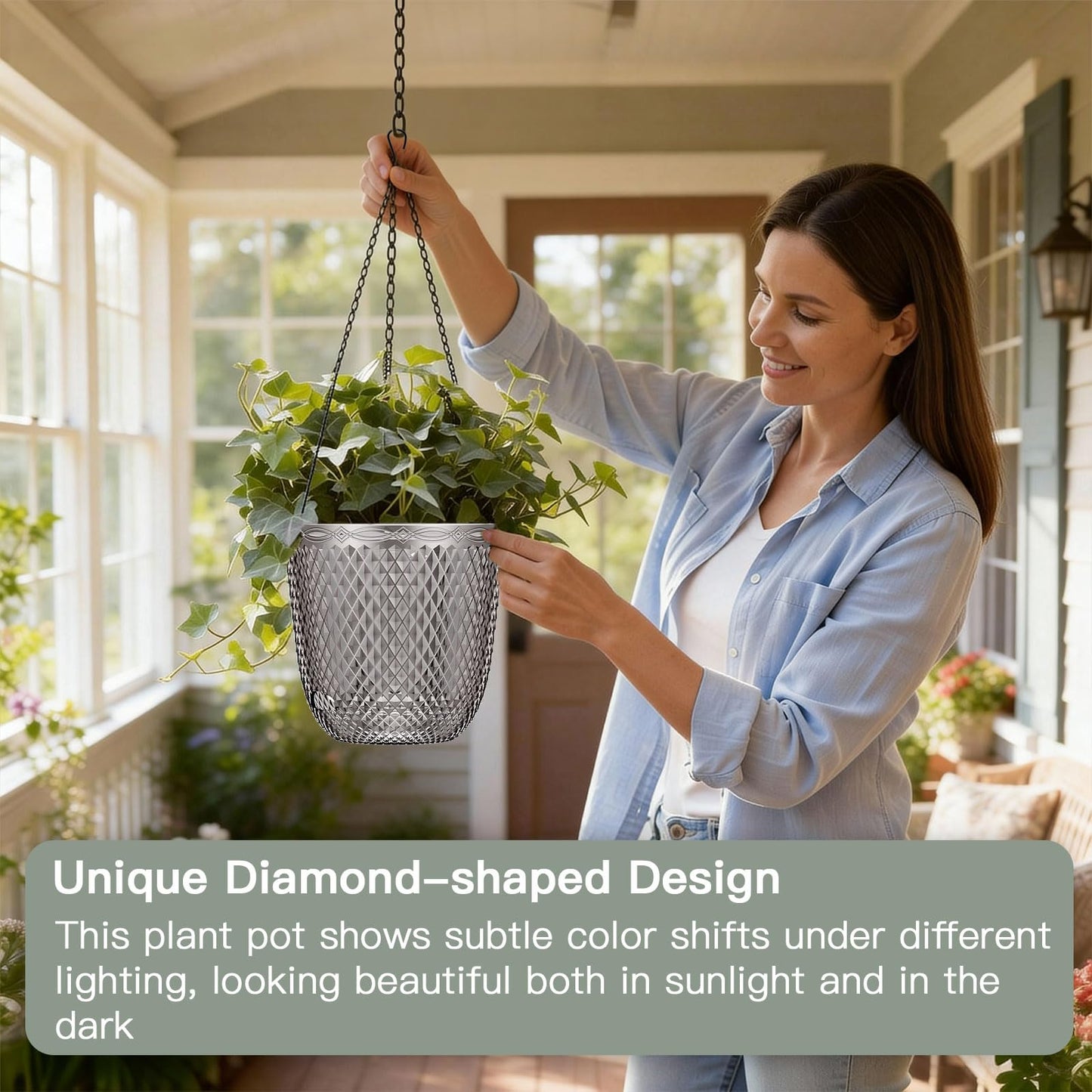 QCQHDU Hanging Planters for Indoor Plants, 2-Pack 5.7 Inch Self Watering Hanging Pots, Plastic Plant Hanger with Drainage Holes and 3 Hooks Chains for Garden Home (Gray)