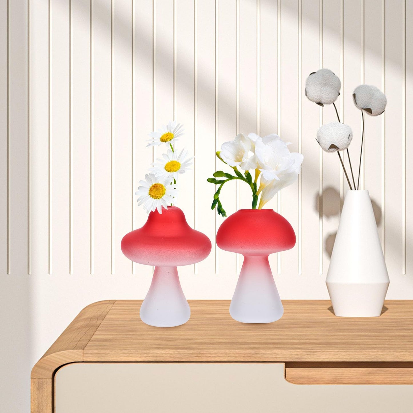 SOLUSTRE 3pcs Glass Mushroom Hydroponic Vases Set, Red Decorative Flower Terrarium Vases for Home Desktop Plant Propagation and Floral Arrangements