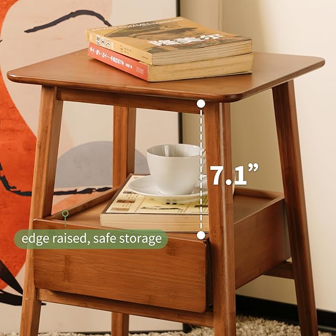 Fluted Nightstand with Drawer – Tall Solid Bamboo Bedside Table with Open Shelf