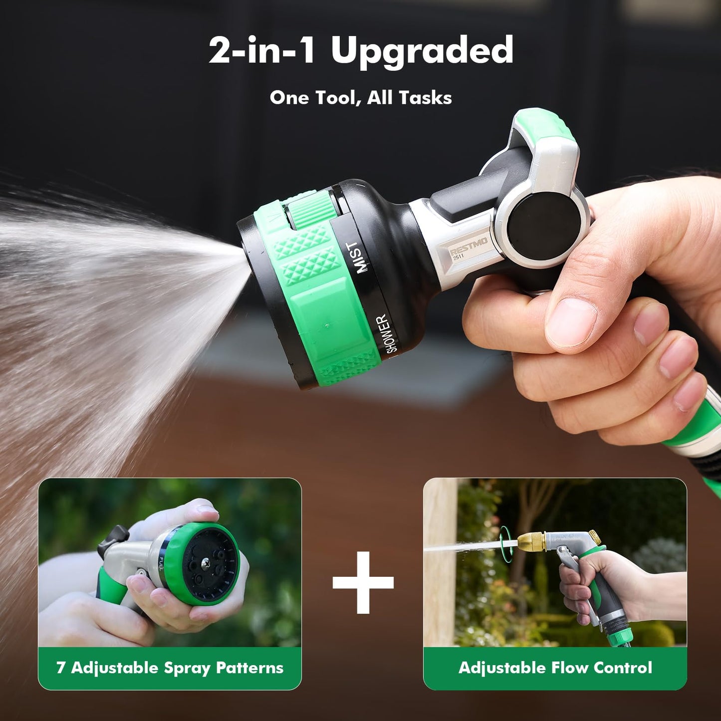 RESTMO 2-in-1 Water Hose Nozzle Heavy Duty, Garden Hose Nozzle with 9 Adjustable Spray Patterns, High Pressure Hose Sprayer Nozzle with Flow Control for Watering Plants & Lawns, Washing Cars & Pets