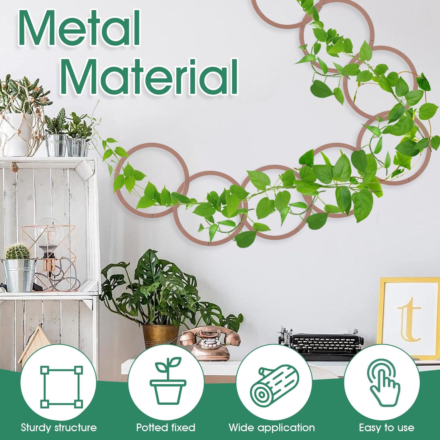 20pcs Round Chain Trellis for Climbing Plants Indoor, with 8pcs Self-Adhesive Hooks, HSSZXFR DIY Plant Climber Support for Vines and Garden Wall Trellis, for Monstera Pothos Ivy Flower