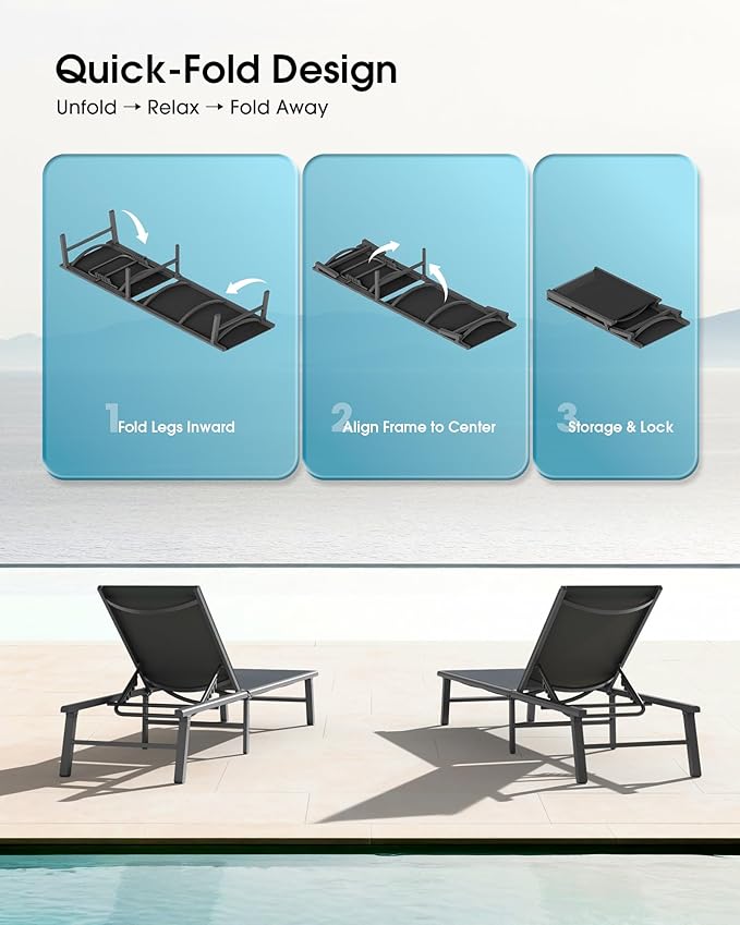 Ciokea Foldable Outdoor Lounge Chair, No Assembly Patio Chaise Lounge Outdoor