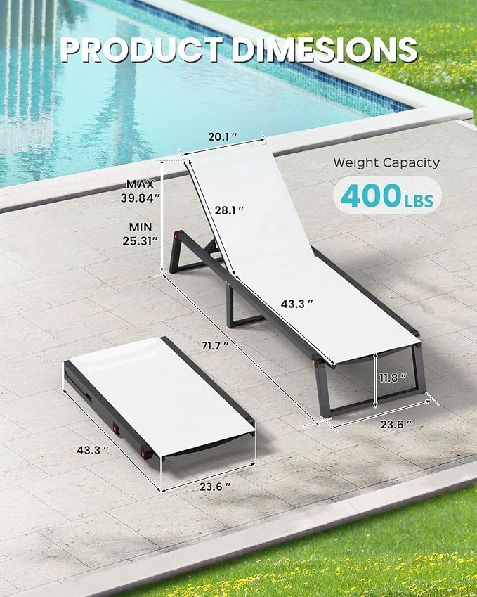 Aluminum Chaise Lounge Chair Outdoor, Foldable& No Assembly Patio Pool Lounge