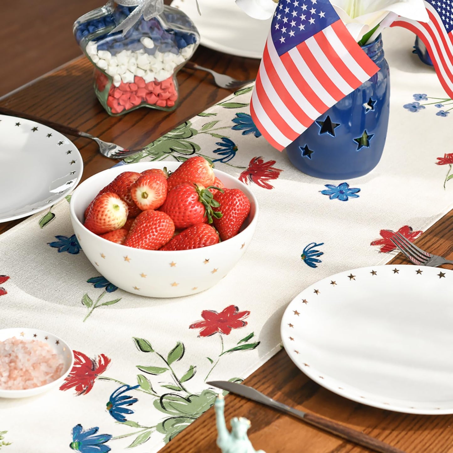 Artoid Mode Cross Star Floral Patriotic 4th of July Table Runner, Memorial Day Kitchen Dining Table Decoration for Home Party Decor 13x120 Inch