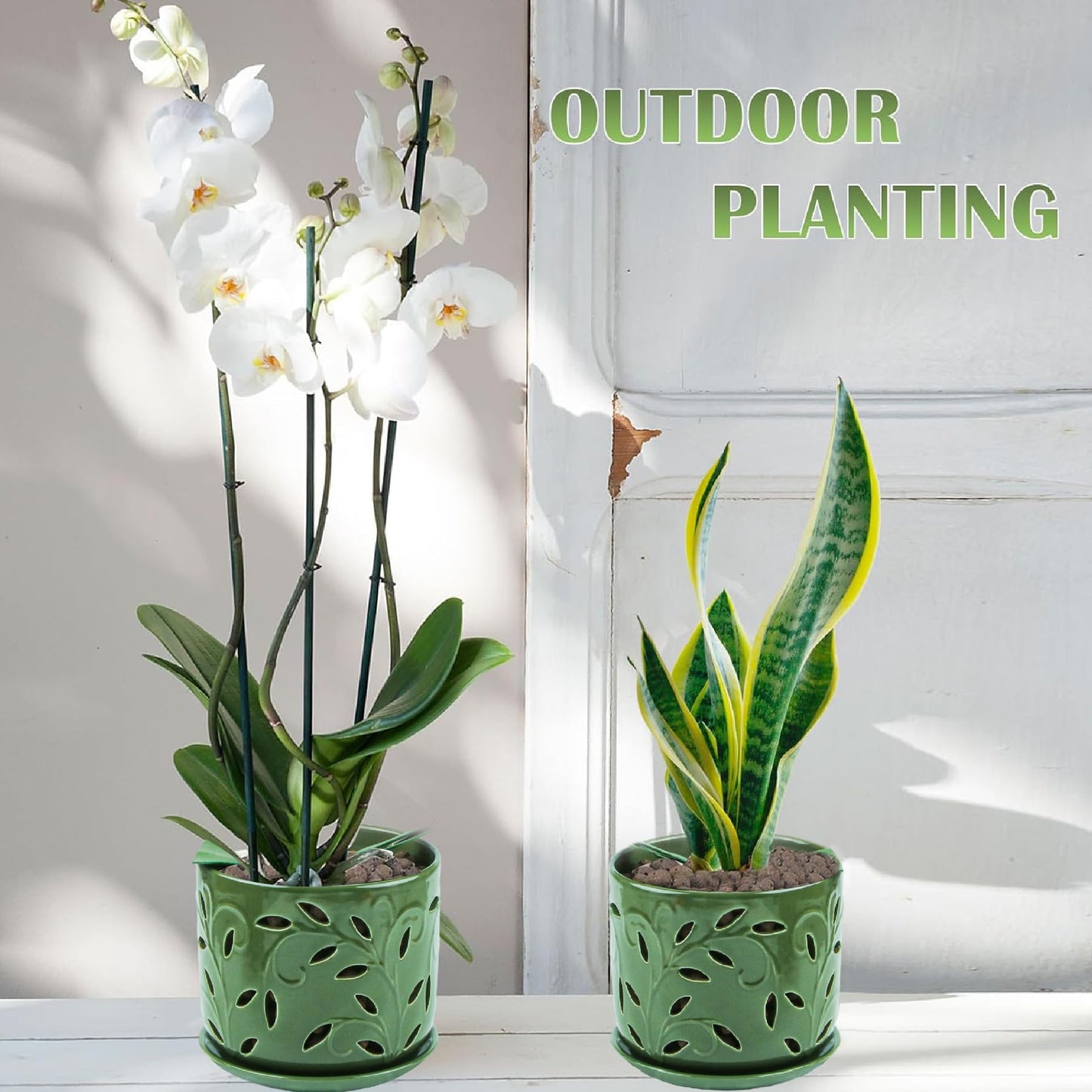 BUYMAX Set of 2 Orchid Pots with Holes & Saucers for Orchid Root Health, 5 inch&6 inch Ceramic Pots for Plants (Patina)