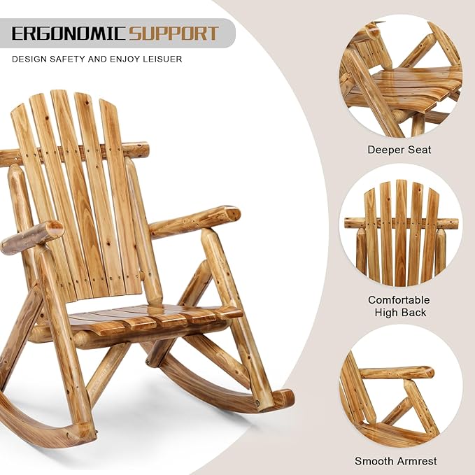 Outvita Wooden Rocking Chair, Fir Log Adirondack Rocker, Outdoor Wood Accent