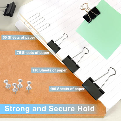 Paper Clips and Binder Clips Office Supplies Paperclips Assorted Sizes, 240 PCS Black Office Clips Paperclips and Binder Clips Set, Small Binder Clip Cute Binder Clip Push Pin Paper Clamp Thumb Tack