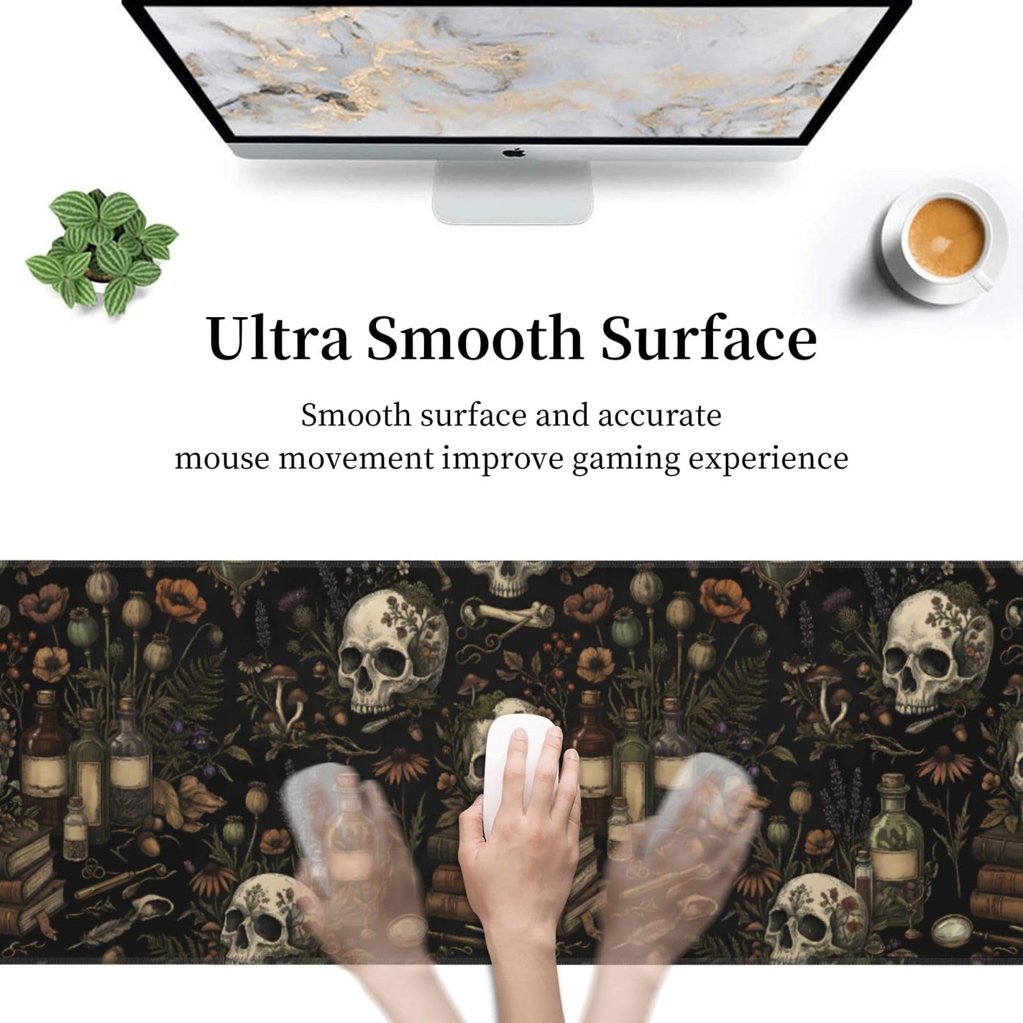 Mysterious Magic Skull Gaming Mouse Pad Large Extended Desk Mat Non-Slip Rubber Base Keyboard Pad with Stitched Edges for Office Gaming 31.5x11.8 in