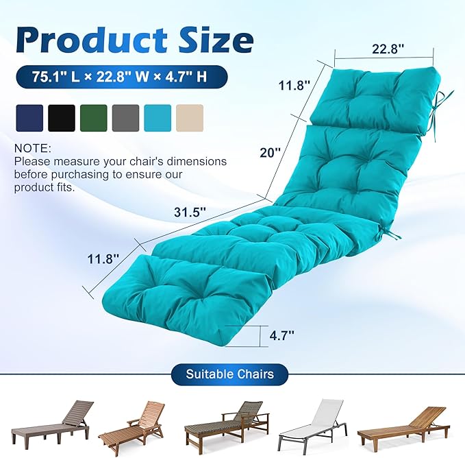 Chaise Lounge Cushions Outdoor, Waterproof & Fade Resistant Patio Lounge Chair