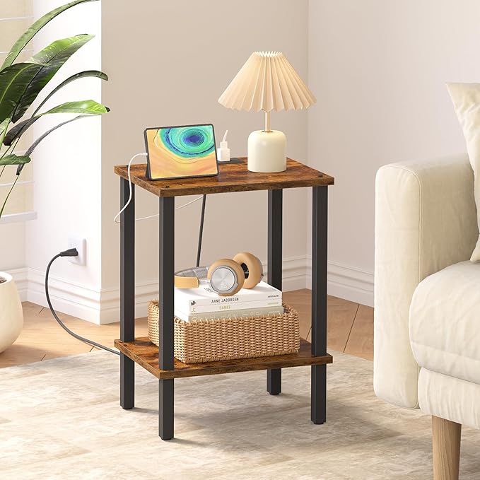TUTOTAK End Table with Charging Station, Side Table with USB Ports and Outlets