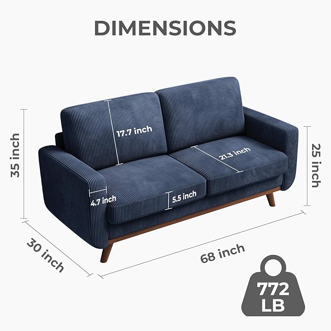 Vesgantti 68" Loveseat Sofa Dark Blue, Comfy Corduroy Couch