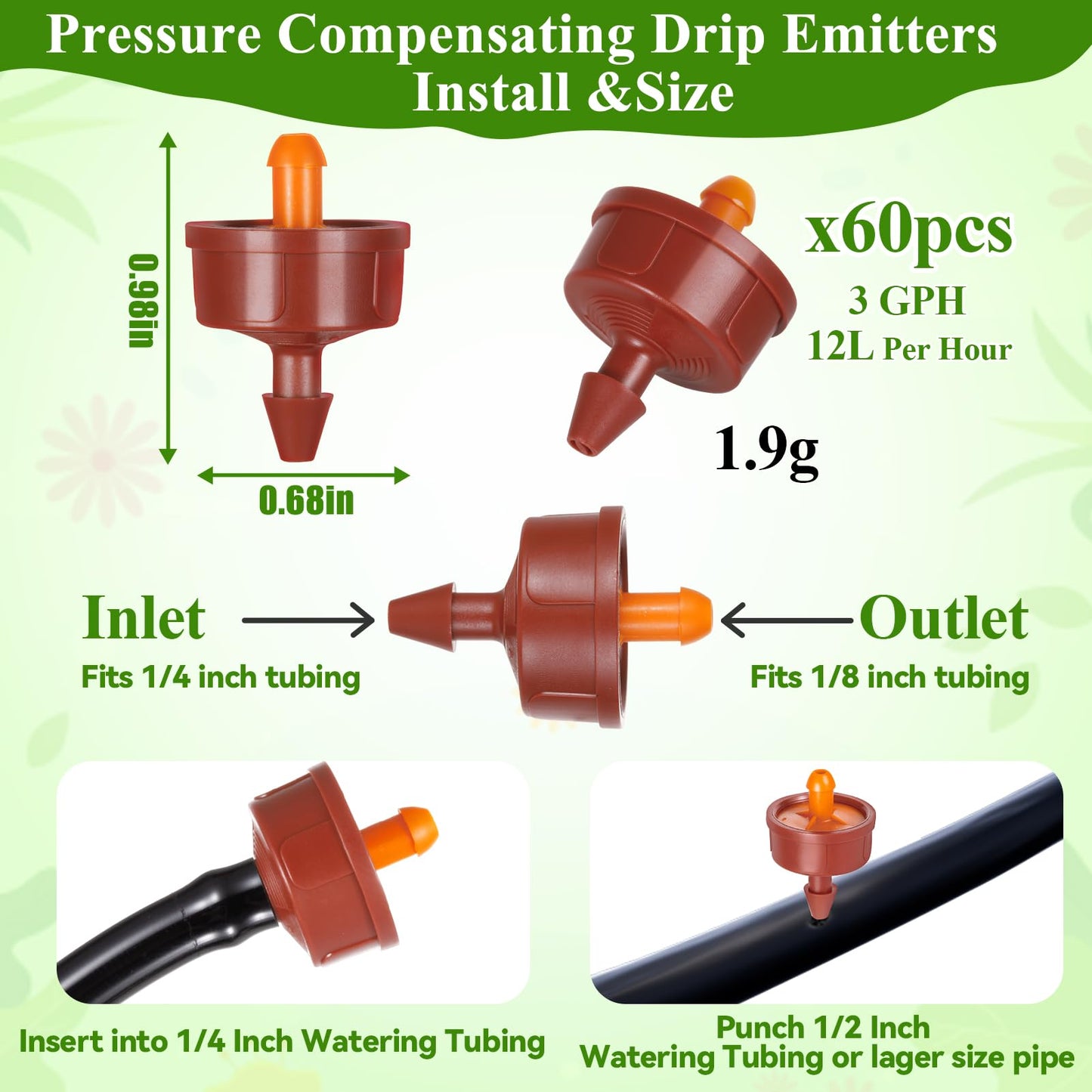 FULAIERGD 60Pcs 3 GPH Pressure Compensating Irrigation Drippers, Watering Spot GPH Dripper Drip Emitters Heads Constant Flow Outlet Heads for 1/4 Inch Irrigation Tubing for Garden Irrigation System
