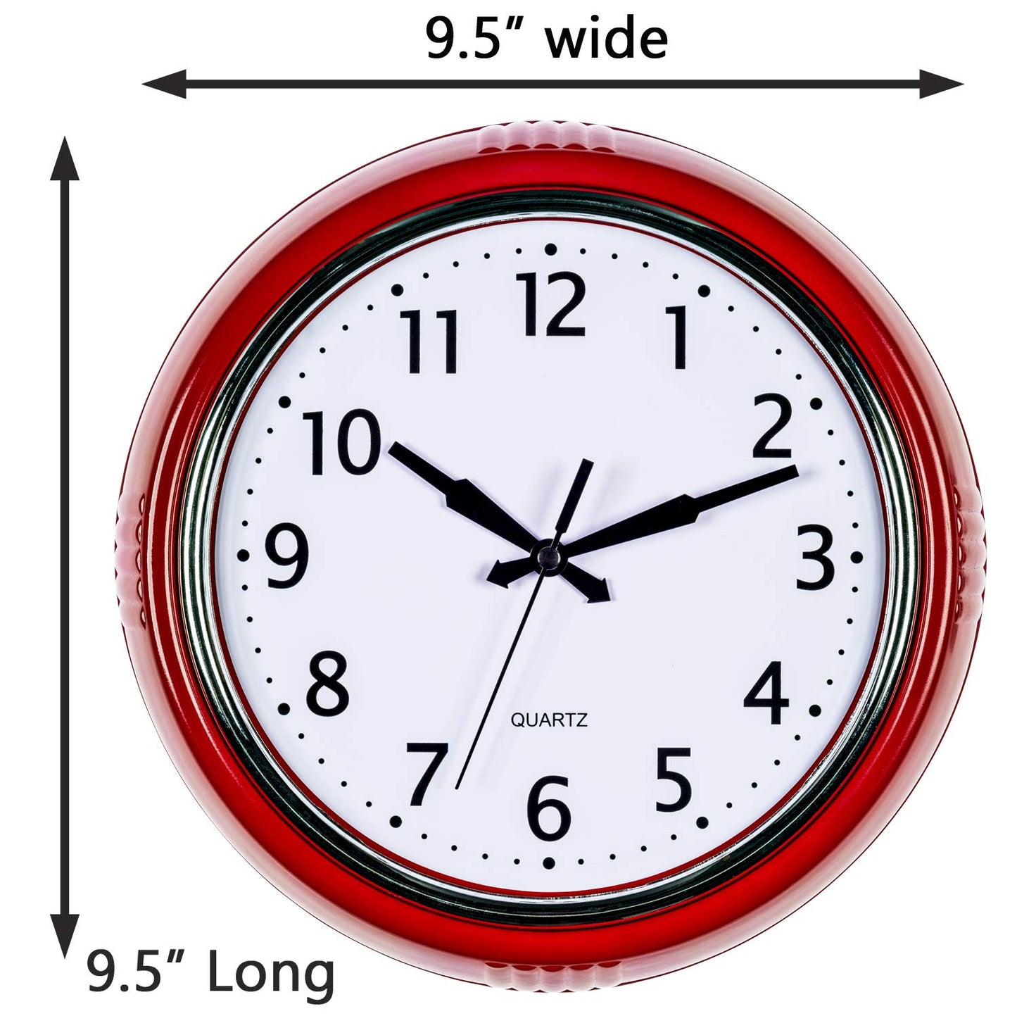 Bernhard Products Retro Wall Clock 9.5 Inch Red Kitchen 50's Vintage Design Round Silent Non Ticking Battery Operated Quality Quartz Clock