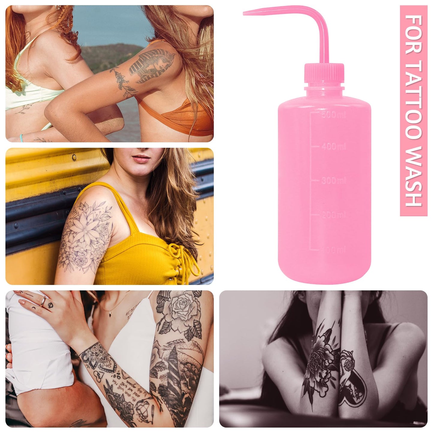 Grosun 4 Packs Tattoo Wash Bottle Water Squirt Squeeze Diffuser Bottles (Pink, 500ml)