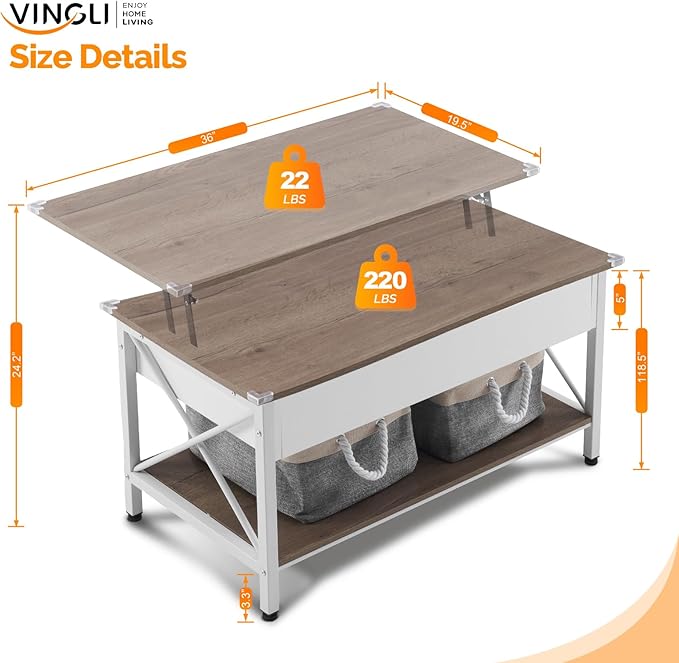 VINGLI 36" Lift Top Coffee Table