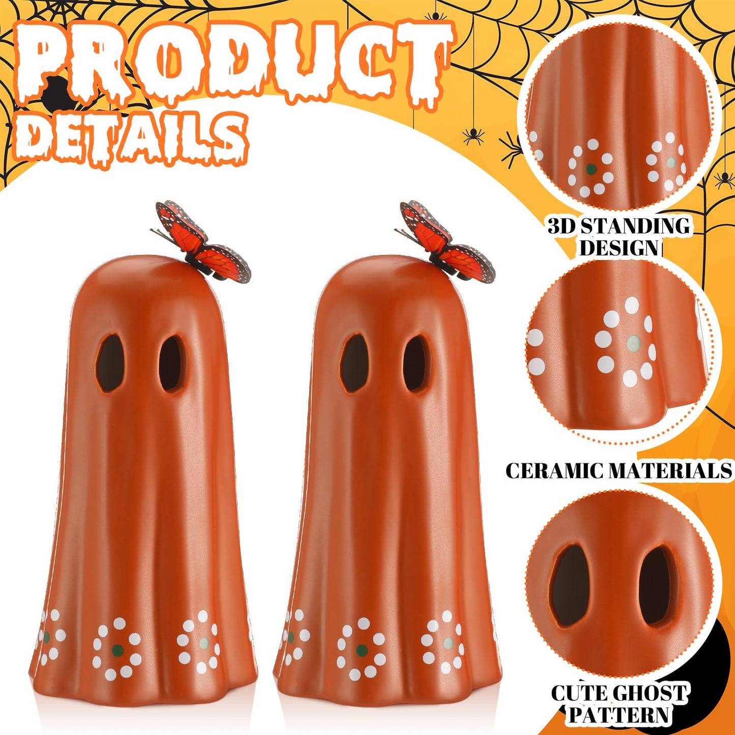 SiliFine 2 Pcs Day of The Dead Ceramic Mexican Ghost Figurine Dia De Los Muertos Terracotta Ghost Decor with Simulated Butterfly Decoration Mexican Halloween Table Decor for Home Shelf Office, 7 Inch