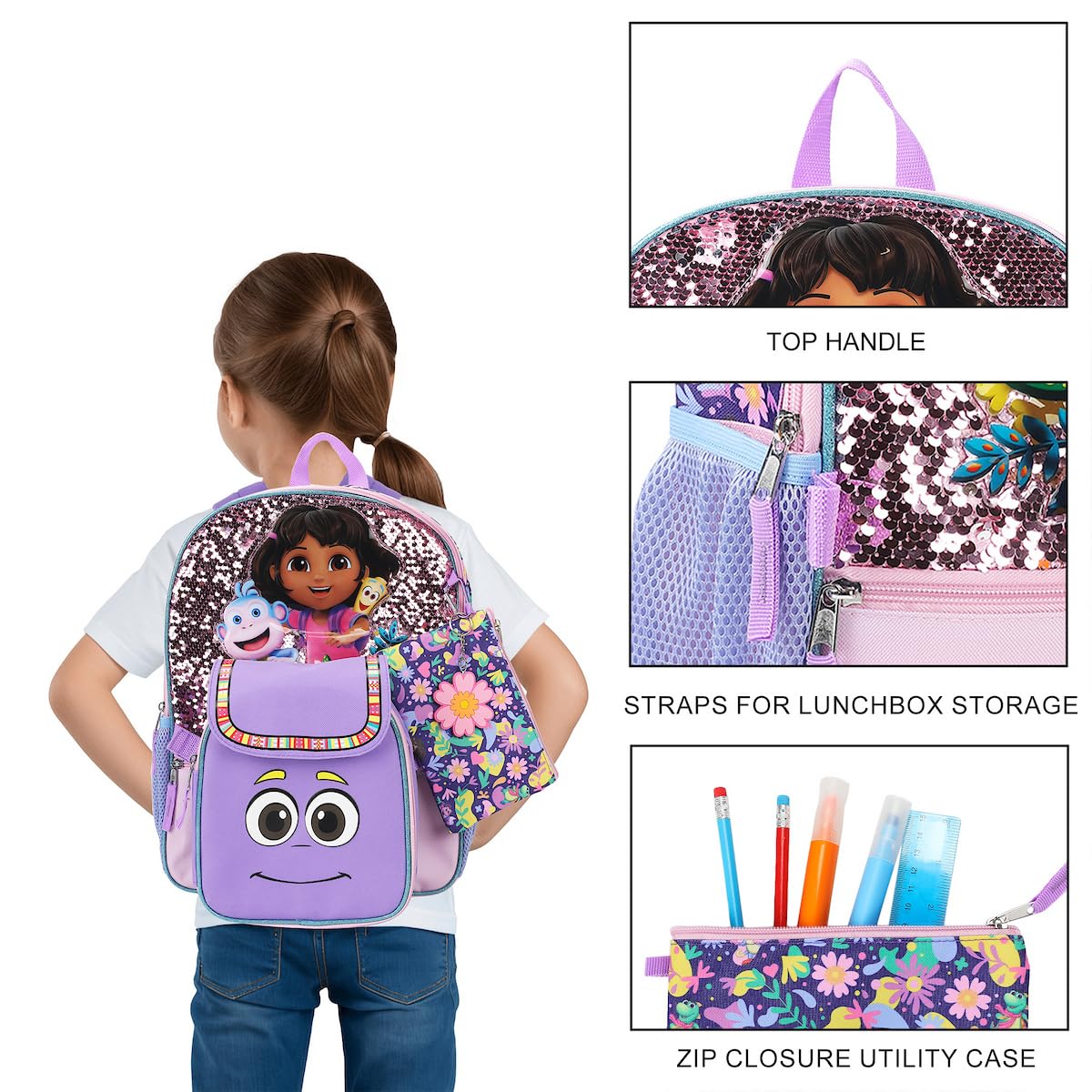 Bioworld Dora the Explorer Animated 5-Piece 16” Backpack And Lunch Set For School & Travel