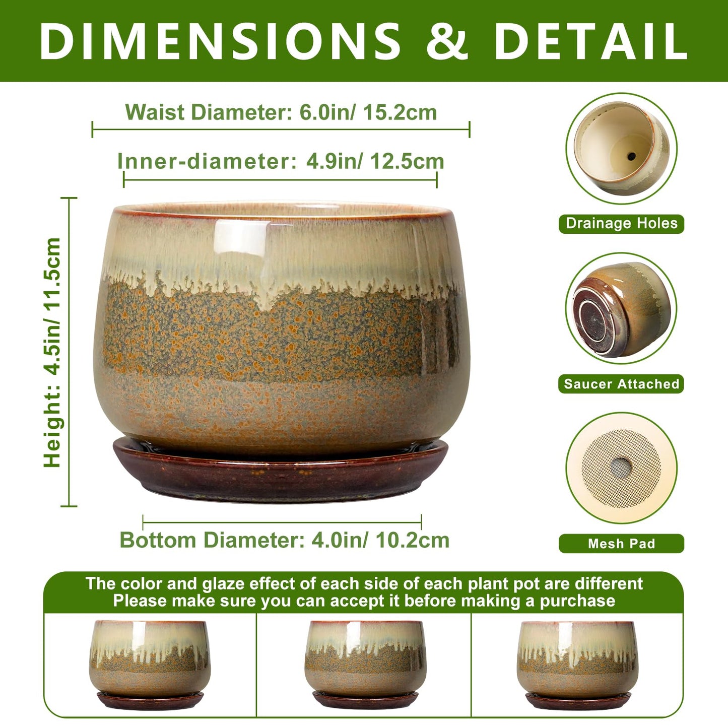 Fivepot Ceramic Pots for Plants - 6 Inch Plant Pot Indoor with Drainage and Saucer, Round Planters for Succulent Snake Plants, Decorative Flower Pot, Home Decor, Plant Lover Gifts, Brown-Beige