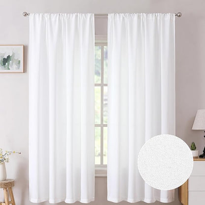 Tollpiz Short Linen Curtains Living Room Rod Pocket Semi Sheer Curtain Burlap Light Filtering Thick Linen Drapes for Bedroom, 54 x 54 inches Long, White, Set of 2 Panels