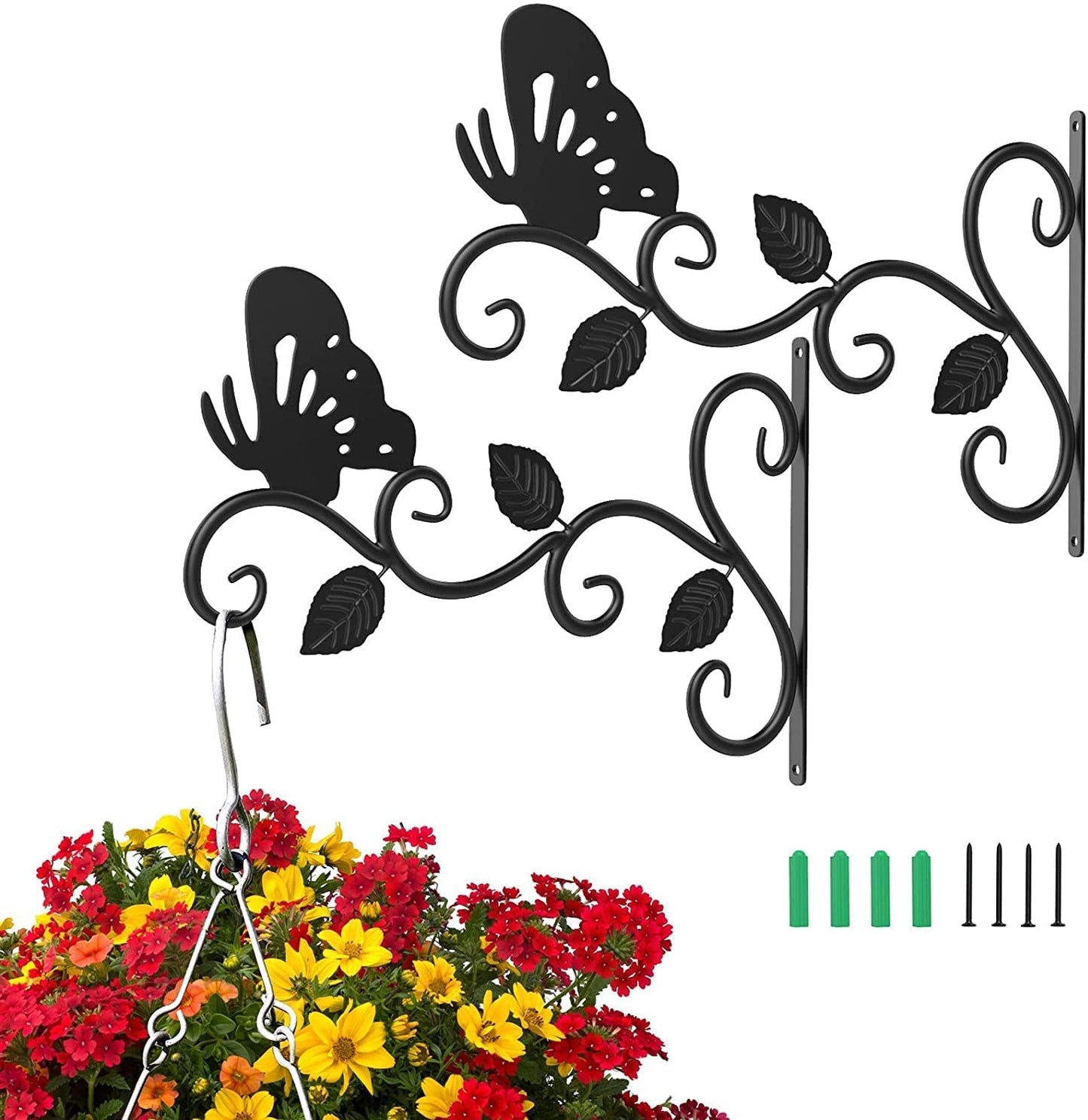 2Pack Hanging Plants Bracket Outdoor,12 Inch Plant Hooks for Hanging Baskets Wall-Mounted Gardening Bracket Hook for Bird Feeders,Flower Baskets,Lantern,(Butterfly)